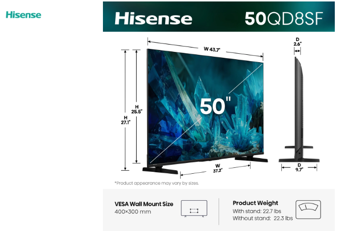 Hisense 50" QLED Mini-LED AI TV 144Hz - Fire TV - 50QD8SF