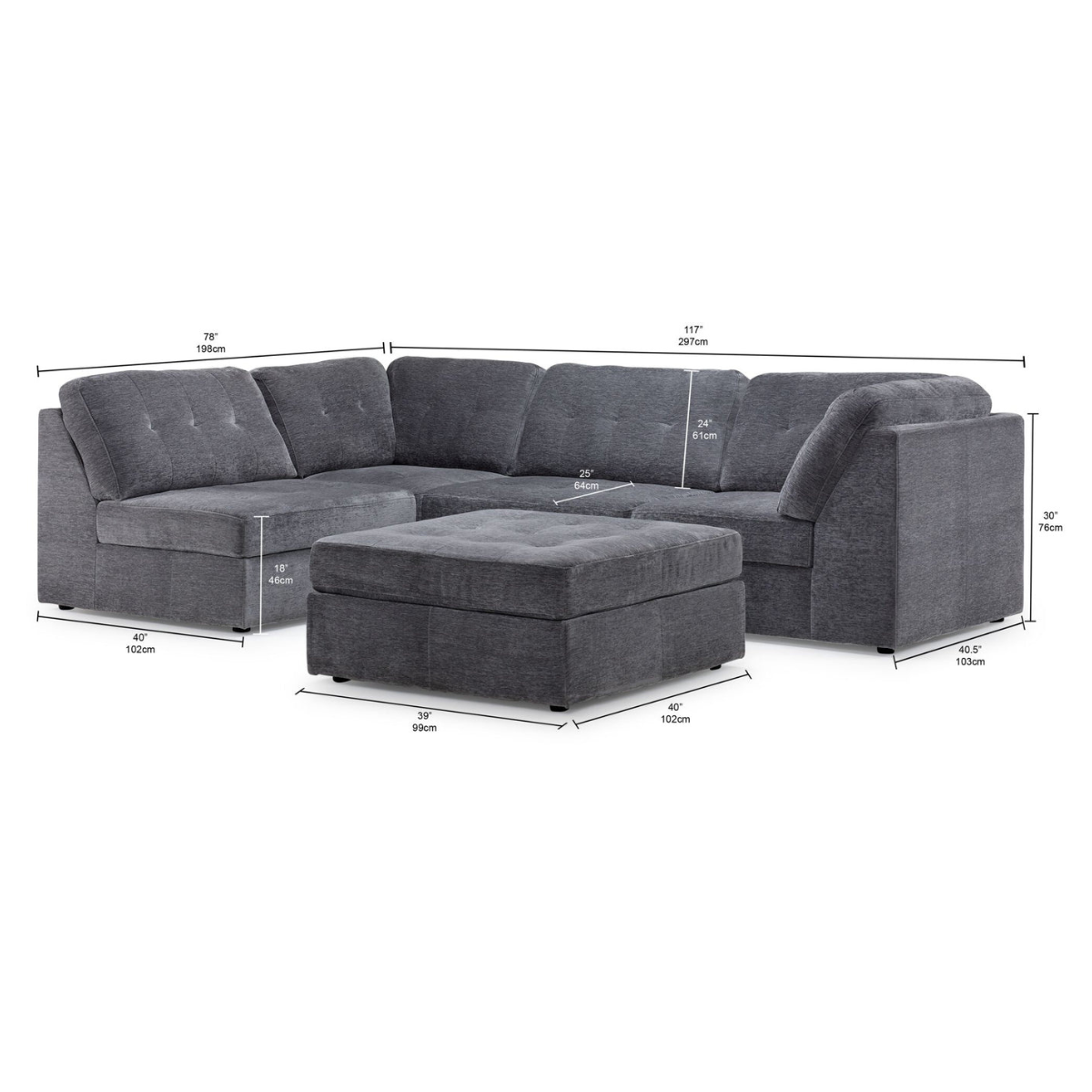 Jayce 5-Piece Modular Sectional with Ottoman - Grey